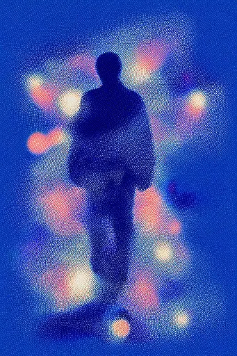 Midjourney generated image using SREF code Neon Hazequake: A silhouette of a person walking in the dark.