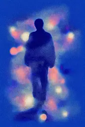 Midjourney generated image using SREF code Neon Hazequake: A silhouette of a person walking in the dark.