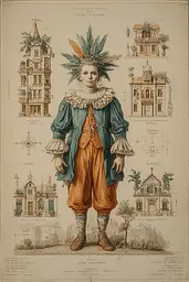 Midjourney generated image using SREF code Fluxographia: A drawing of a man in a costume with feathers on his head.