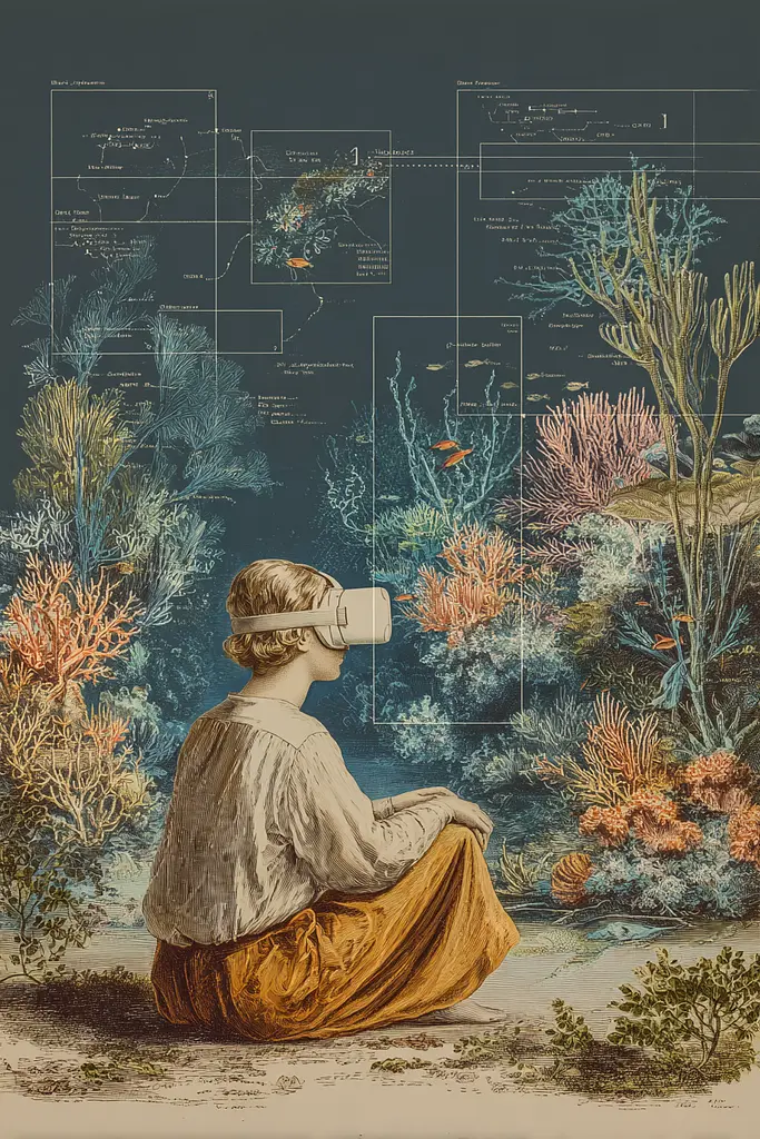 Midjourney generated image using SREF code Fluxographia: A woman sitting on the ground in front of a map of the ocean.