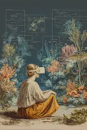 Midjourney generated image using SREF code Fluxographia: A woman sitting on the ground in front of a map of the ocean.