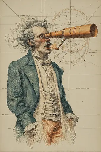 Midjourney generated image using SREF code Fluxographia: A drawing of a man looking through a telescope.