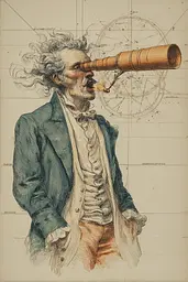 Midjourney generated image using SREF code Fluxographia: A drawing of a man looking through a telescope.