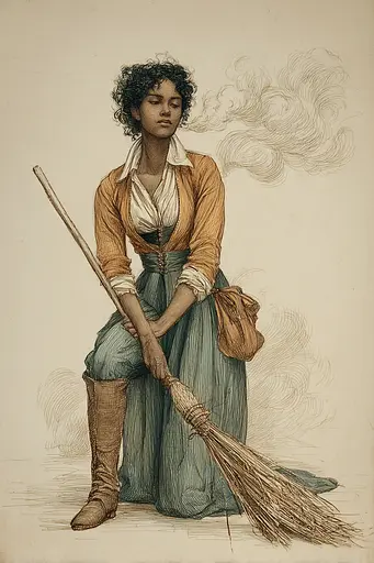 Midjourney generated image using SREF code Fluxographia: A drawing of a woman holding a broom.