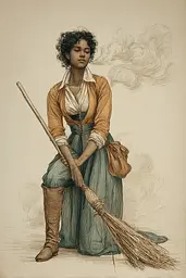 Midjourney generated image using SREF code Fluxographia: A drawing of a woman holding a broom.