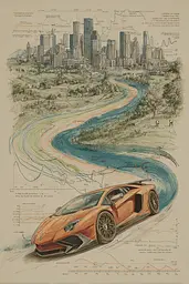 Midjourney generated image using SREF code Fluxographia: A drawing of a car with a city in the background.