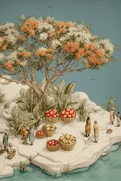 Midjourney generated image using SREF code Fluxographia: A painting of a group of people standing around a tree with baskets of fruit.
