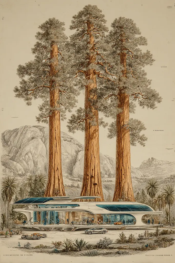 Midjourney generated image using SREF code Fluxographia: A drawing of a futuristic building surrounded by tall trees.