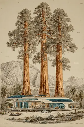 Midjourney generated image using SREF code Fluxographia: A drawing of a futuristic building surrounded by tall trees.