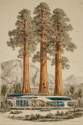 Midjourney generated image using SREF code Fluxographia: A drawing of a futuristic building surrounded by tall trees.