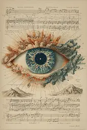 Midjourney generated image using SREF code Fluxographia: A drawing of an eye on a sheet of music.