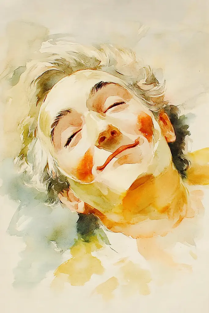 Midjourney generated image using SREF code Elysian Hues: A watercolor painting of a smiling woman with her eyes closed.