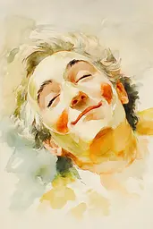 Midjourney generated image using SREF code Elysian Hues: A watercolor painting of a smiling woman with her eyes closed.