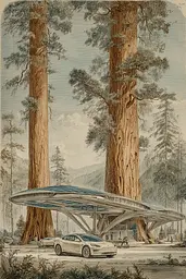 Midjourney generated image using SREF code Fluxographia: A drawing of a futuristic building in the middle of a forest.