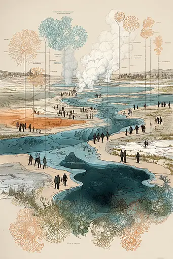 Midjourney generated image using SREF code Fluxographia: A drawing of a river with people walking around it.
