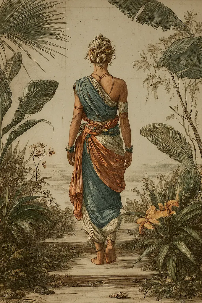 Midjourney generated image using SREF code Fluxographia: A woman walking down a path in a tropical garden.