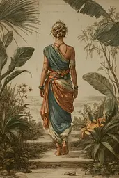 Midjourney generated image using SREF code Fluxographia: A woman walking down a path in a tropical garden.