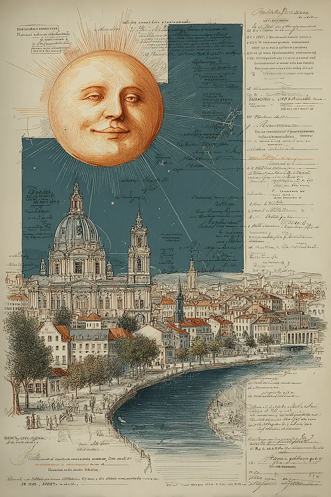 Midjourney generated image using SREF code Fluxographia: A drawing of a city with a sun in the sky.