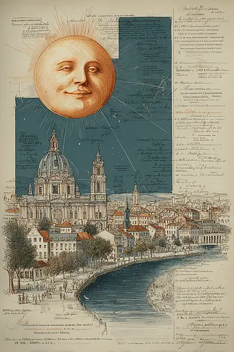 Midjourney generated image using SREF code Fluxographia: A drawing of a city with a sun in the sky.