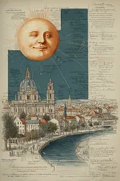 Midjourney generated image using SREF code Fluxographia: A drawing of a city with a sun in the sky.