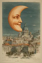 Midjourney generated image using SREF code Fluxographia: A drawing of a crescent with a face in the middle of it.