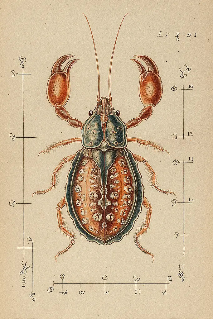 Midjourney generated image using SREF code Fluxographia: A drawing of a beetle on a piece of paper.