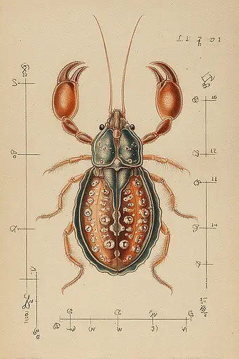 Midjourney generated image using SREF code Fluxographia: A drawing of a beetle on a piece of paper.