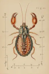 Midjourney generated image using SREF code Fluxographia: A drawing of a beetle on a piece of paper.