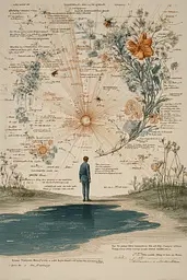 Midjourney generated image using SREF code Fluxographia: A drawing of a man standing in front of a body of water.