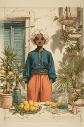 Midjourney generated image using SREF code Fluxographia: A woman standing in front of a table with lemons on it.