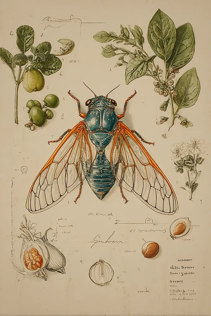 Midjourney generated image using SREF code Fluxographia: A drawing of a cicada on a plant with leaves and fruits.