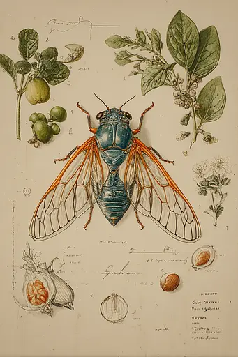 Midjourney generated image using SREF code Fluxographia: A drawing of a cicada on a plant with leaves and fruits.