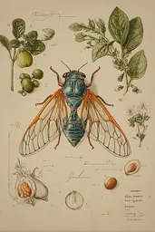 Midjourney generated image using SREF code Fluxographia: A drawing of a cicada on a plant with leaves and fruits.