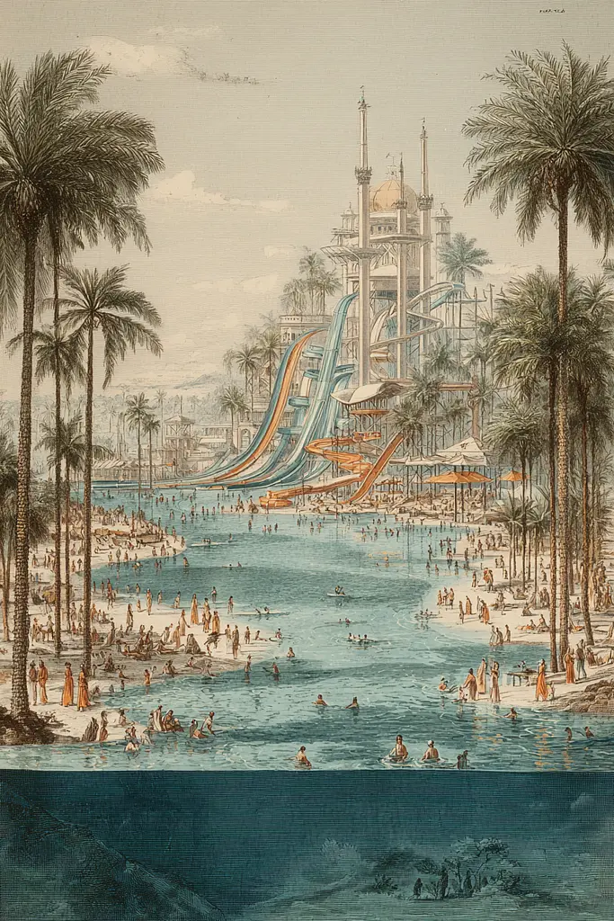 Midjourney generated image using SREF code Fluxographia: A drawing of a water park with a water slide in the middle of it.
