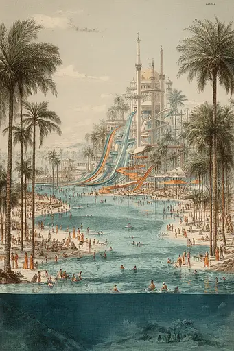 Midjourney generated image using SREF code Fluxographia: A drawing of a water park with a water slide in the middle of it.