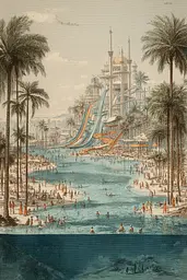 Midjourney generated image using SREF code Fluxographia: A drawing of a water park with a water slide in the middle of it.