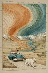 Midjourney generated image using SREF code Fluxographia: A drawing of a car driving down a dirt road next to a dog.
