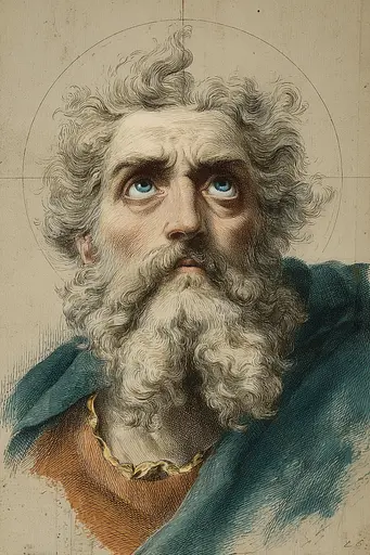 Midjourney generated image using SREF code Fluxographia: A drawing of a man with a long beard and blue eyes.