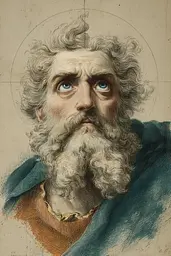 Midjourney generated image using SREF code Fluxographia: A drawing of a man with a long beard and blue eyes.