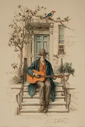 Midjourney generated image using SREF code Fluxographia: A drawing of a man sitting on the steps of a house playing a guitar.