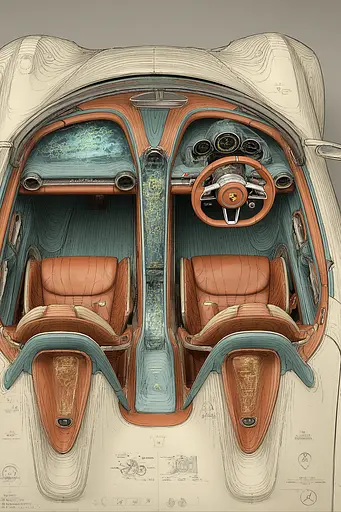 Midjourney generated image using SREF code Fluxographia: A drawing of the interior of a car with a steering wheel.