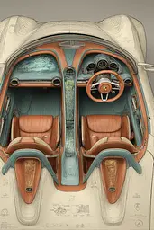 Midjourney generated image using SREF code Fluxographia: A drawing of the interior of a car with a steering wheel.