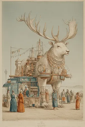 Midjourney generated image using SREF code Fluxographia: A drawing of a large moose standing in front of a building.