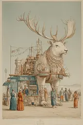 Midjourney generated image using SREF code Fluxographia: A drawing of a large moose standing in front of a building.