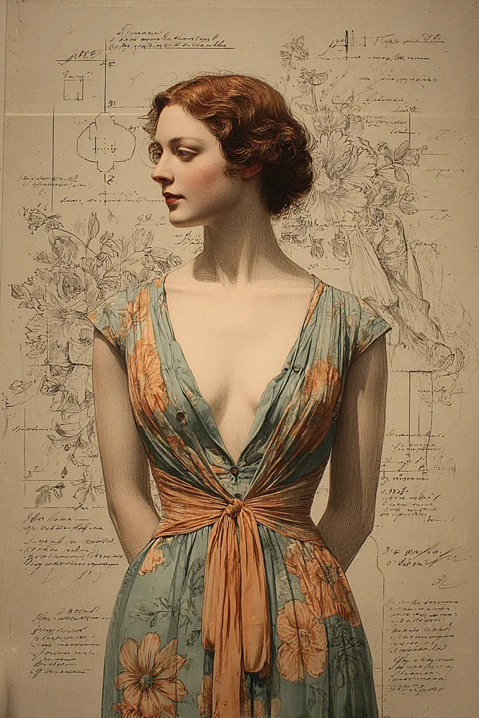 Midjourney generated image using SREF code Fluxographia: A drawing of a woman in a dress with flowers on it.