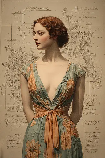 Midjourney generated image using SREF code Fluxographia: A drawing of a woman in a dress with flowers on it.