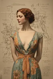 Midjourney generated image using SREF code Fluxographia: A drawing of a woman in a dress with flowers on it.