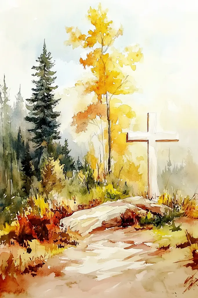 Midjourney generated image using SREF code Elysian Hues: A watercolor painting of a cross in the woods.