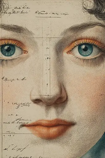 Midjourney generated image using SREF code Fluxographia: A close up of a woman's face with blue eyes.