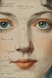 Midjourney generated image using SREF code Fluxographia: A close up of a woman's face with blue eyes.